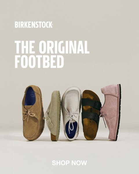 This ad features five Birkenstock shoes in different styles and colors, emphasizing the brand's original footbed des