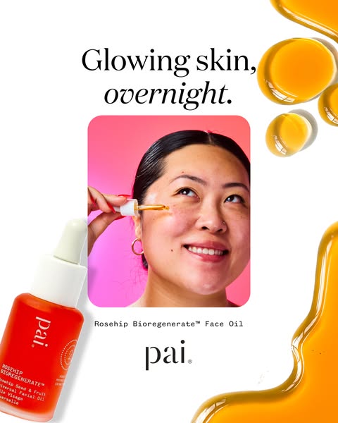 This ad promotes Pai's Rosehip Bioregenerate Face Oil, promising glowing skin overnight. The ad features a woman app