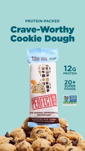 The ad showcases Perfect Bar's Chocolate Chip Cookie Dough protein bar, emphasizing its protein content and superfoo