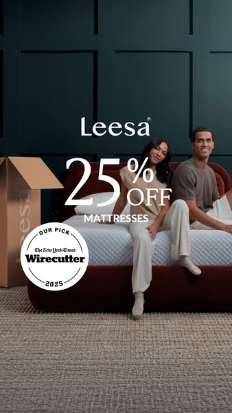 This ad for Leesa mattresses features a couple sitting on a bed with a 25% off offer and a New York Times Wirecutter end