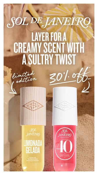 The ad features Sol de Janeiro fragrance mists, highlighting the ability to layer them to create a unique scent profile.