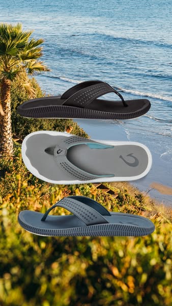 This ad showcases three different colors of OluKai flip-flops against a scenic beach background.