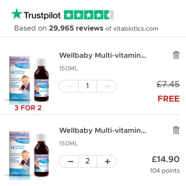 An ad showcasing the Wellbaby Multi-vitamin liquid for babies. The ad features product images, customer reviews, and pri