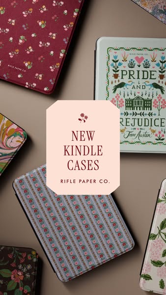 This ad showcases new Kindle cases from Rifle Paper Co. The ad features an assortment of Kindle cases with various Rifle