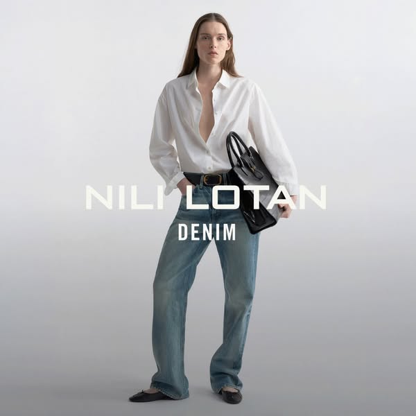 This ad features a model wearing Nili Lotan denim jeans, a white shirt, and ballet flats, carrying a black bag. The over