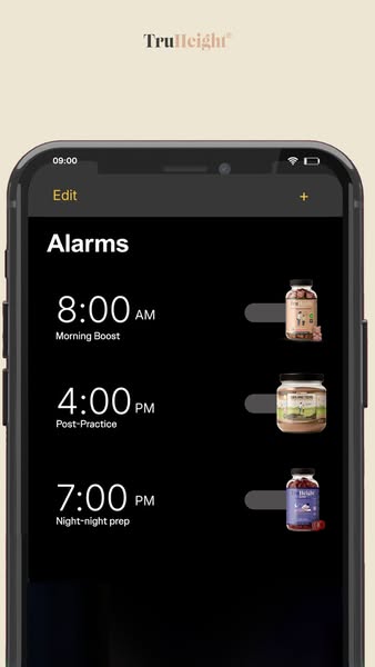 This ad shows a phone alarm to remind the user when to take each TruHeight product.