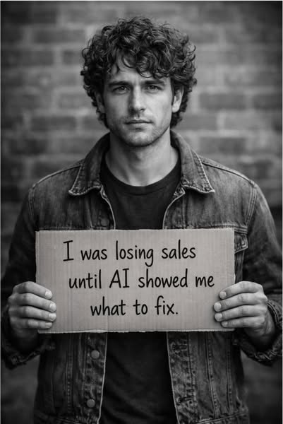 This black and white image ad features a man holding a sign with a handwritten message about how AI helped him fix a sal