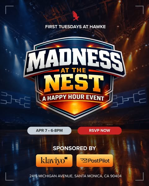 This image ad promotes a happy hour event called "Madness at the Nest" hosted at Hawke on April 7th from 6-8pm