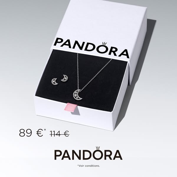 This ad showcases a Pandora jewelry set featuring a crescent moon necklace and matching earrings. The ad highlights a pr