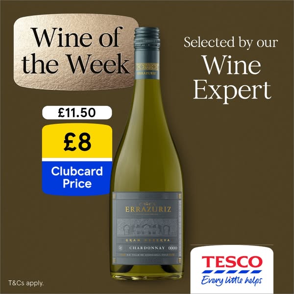 An ad featuring a bottle of Errazuriz Gran Reserva Chardonnay wine available at Tesco. The offer highlights a special Cl