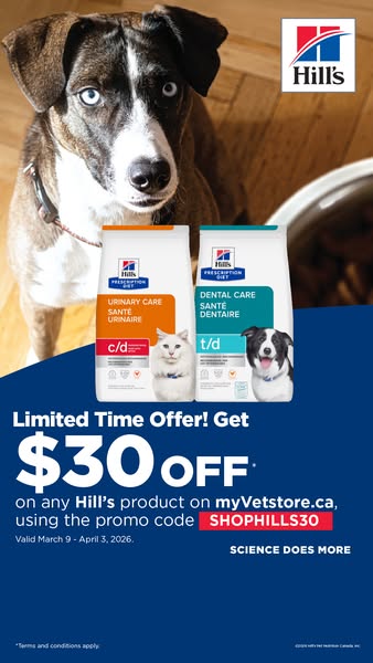 This ad for Hill's pet food offers $30 off any Hill's product on myVetstore.ca when using the promo code SHOPHIL