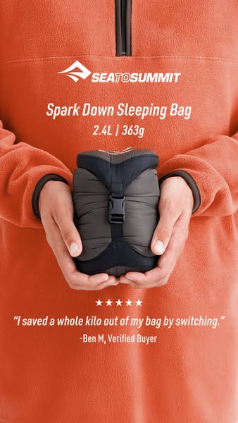 This ad features a testimonial from a verified buyer regarding the Sea to Summit Spark Down Sleeping Bag. The ad emphasi