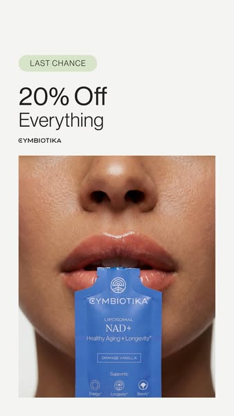 Ad for Cymbiotika, featuring a 20% off sale, showcases a person holding the Liposomal NAD+ supplement packet in their mo