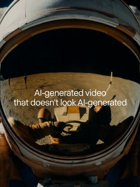 This ad promotes AI-generated video content that appears highly realistic. The image features an astronaut's helmet 