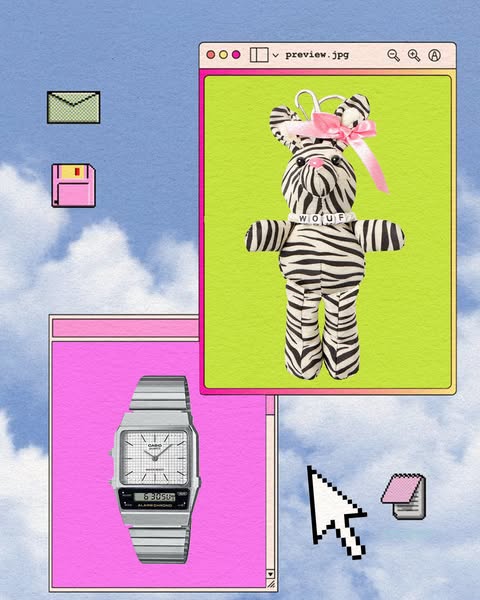 This ad utilizes a retro computer interface theme to showcase a watch and a plush toy. The visual elements, including ol