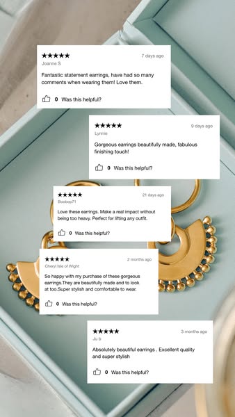 This ad uses customer reviews to showcase the quality and style of the earrings.