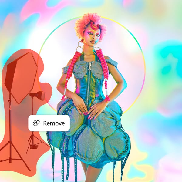 This ad features a person in a studio setting wearing a unique outfit. The ad seems to be promoting a photo editing tool