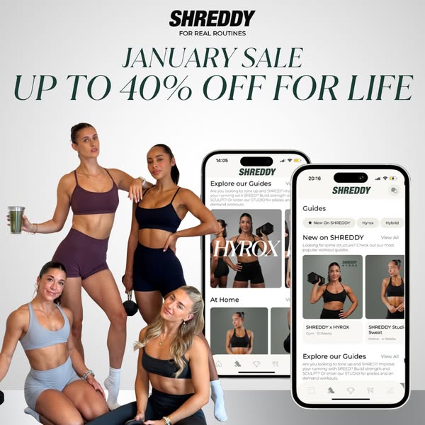 This image ad promotes Shreddy, a fitness app, with a January sale offering up to 40% off for life. It features images o