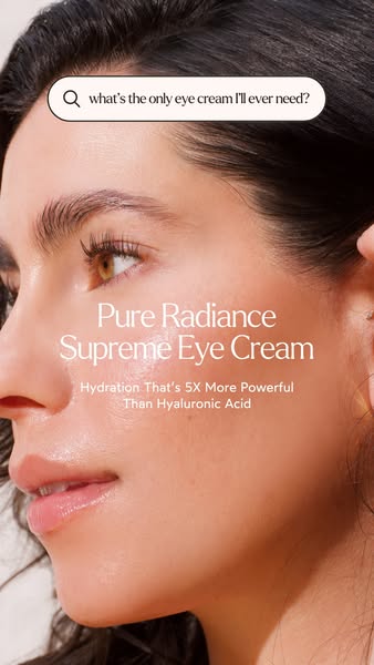 This ad features a close-up of a woman's face, highlighting her radiant skin, and promotes an eye cream that provide