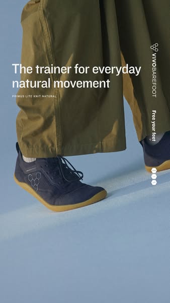 This ad showcases the Vivobarefoot Primus Lite Knit Natural trainer, emphasizing its design for natural movement. The ad