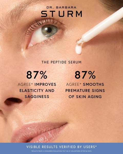 This image ad for Dr. Barbara Sturm's The Peptide Serum highlights the product's benefits in improving elasticit