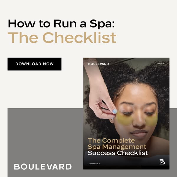 This ad promotes a checklist for managing a spa, offered by Boulevard. It features an image of a woman receiving an eye 