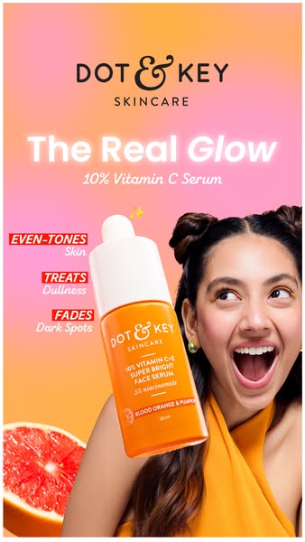 This ad is for Dot & Key Skincare's 10% Vitamin C Serum. The ad uses a bright, vibrant color palette and feature