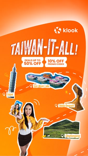 This ad for Klook uses a series of location bubbles connected by a dotted line to showcase four different sites in Taiwa