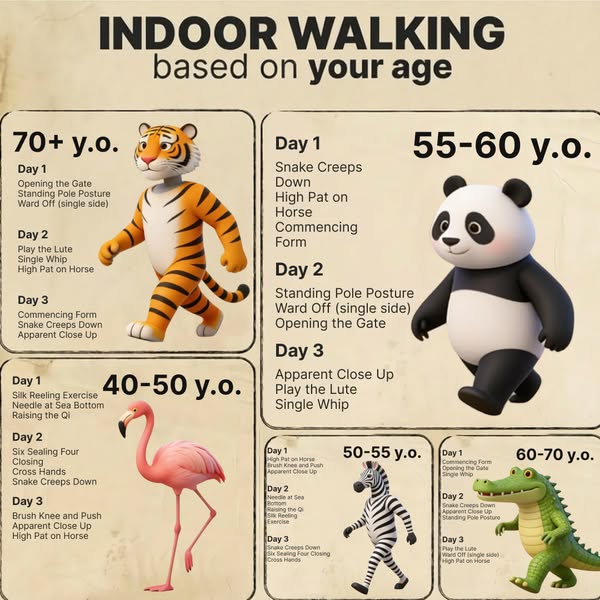 This ad presents an informational chart that shows the viewer indoor walking exercises that are based on their age.