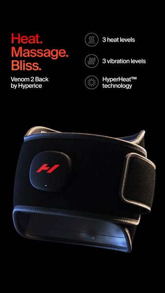 This ad showcases the Venom 2 Back by Hyperice, highlighting its key features: heat, massage, and bliss. The ad uses a s