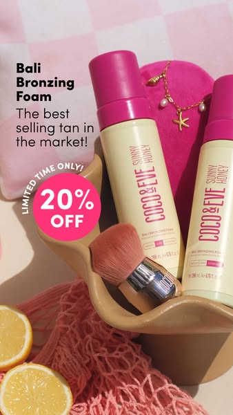 This image ad promotes Bali Bronzing Foam by Coco & Eve, highlighting its status as a best-selling tan and offering 