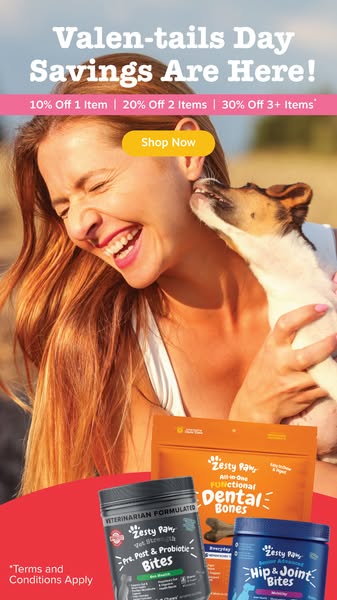 This ad promotes Zesty Paw's 'Valen-tails Day' savings. It features a smiling woman holding a dog, along wit