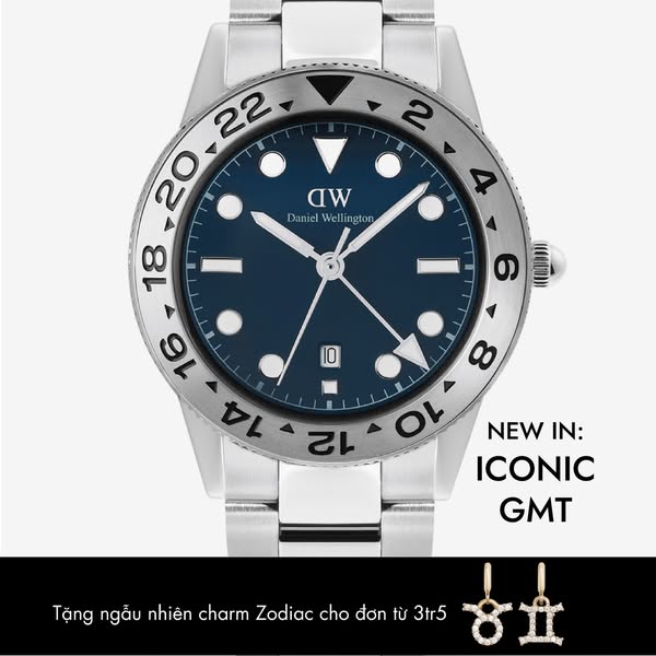 This ad showcases the Iconic GMT watch from Daniel Wellington with a free charm promotion.