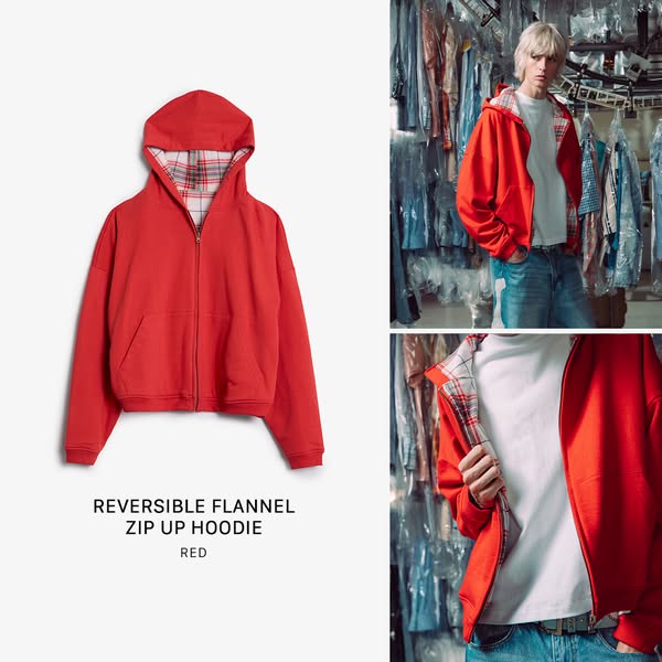 This Meta image ad showcases a red Reversible Flannel Zip Up Hoodie by displaying it against a clean white background, o