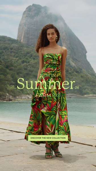 This ad for Farm Rio features a model in a green patterned dress, set against a beach and mountain backdrop, promoting t