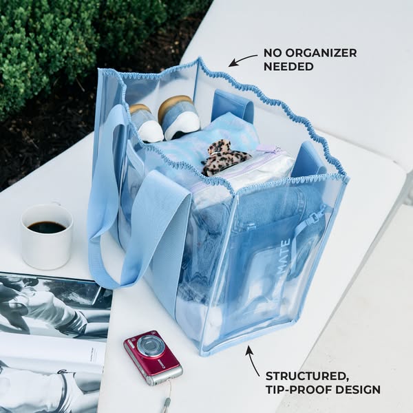 This ad showcases a clear tote bag with a structured, tip-proof design that eliminates the need for an organizer.