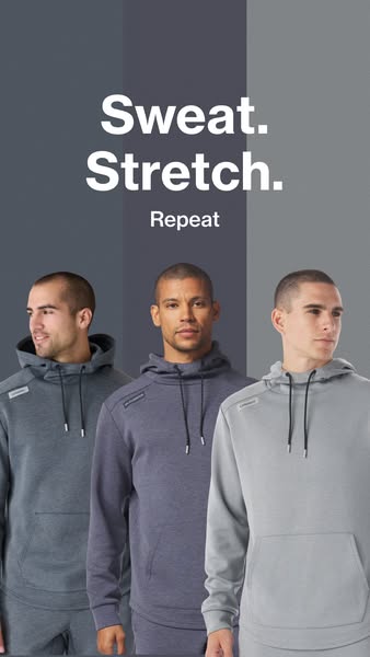 This ad features three men wearing different colored hoodies and the text "Sweat. Stretch. Repeat."