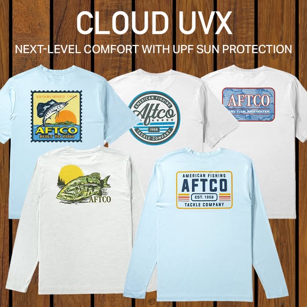 This image ad showcases Aftco's CLOUD UVX apparel line, emphasizing next-level comfort and UPF sun protection. Vario