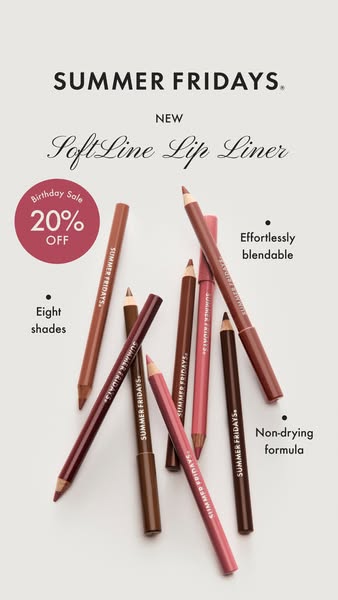 This image ad showcases Summer Fridays' new Soft Line Lip Liner, emphasizing its blendable and non-drying formula, a