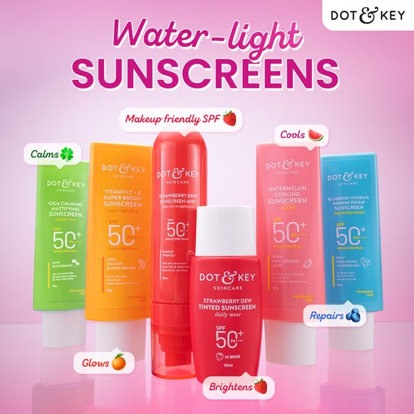 This ad features a lineup of Dot & Key sunscreens, each with a different formula and benefit. The ad highlights the 