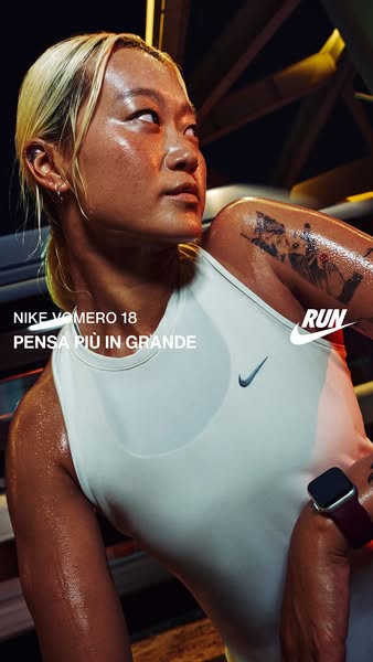 This ad showcases the Nike Vomero 18 running shoe, emphasizing performance and a mindset of pushing boundaries. It featu