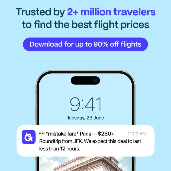 The ad promotes an app to find cheap flights, advertising up to 90% off flights and highlighting a mistake fare for a ro