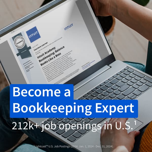 This ad promotes Intuit Academy's Bookkeeping course on Coursera, highlighting the potential for becoming a bookkeep