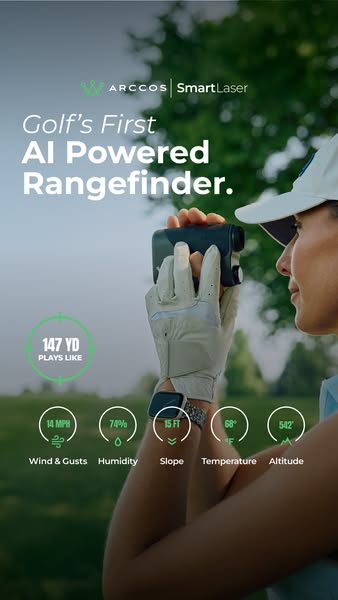 This image ad for Arccos SmartLaser promotes the product as golf's first AI-powered rangefinder. The ad features a g