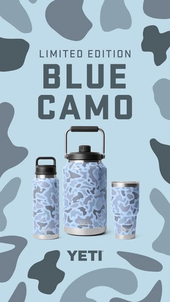 This ad showcases a YETI water bottle, jug, and tumbler in a limited edition blue camo color.