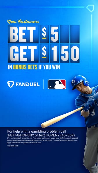 The ad is geared towards new customers. It promotes a special offer from FanDuel where new customers can bet $5 and get 