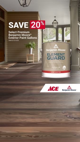 This is a promotional image ad for Benjamin Moore Element Guard exterior paint, available at Ace Hardware. The ad highli