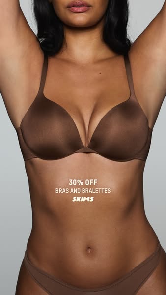 This SKIMS image ad features a woman modeling a bra and underwear set and promotes a limited-time offer for 30% off bras