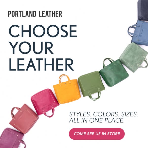 This image ad for Portland Leather features a variety of leather tote bags in different colors, arranged in a semi-circu