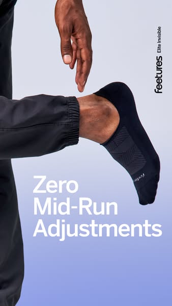 This ad for Feetures running socks focuses on the functionality of the sock and its ability to stay in place while runni